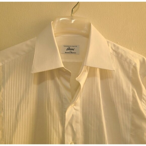 Brioni Men's White Pleated Tuxedo Shirt Made Italy Size L 16 French cuffs white - Picture 10 of 12